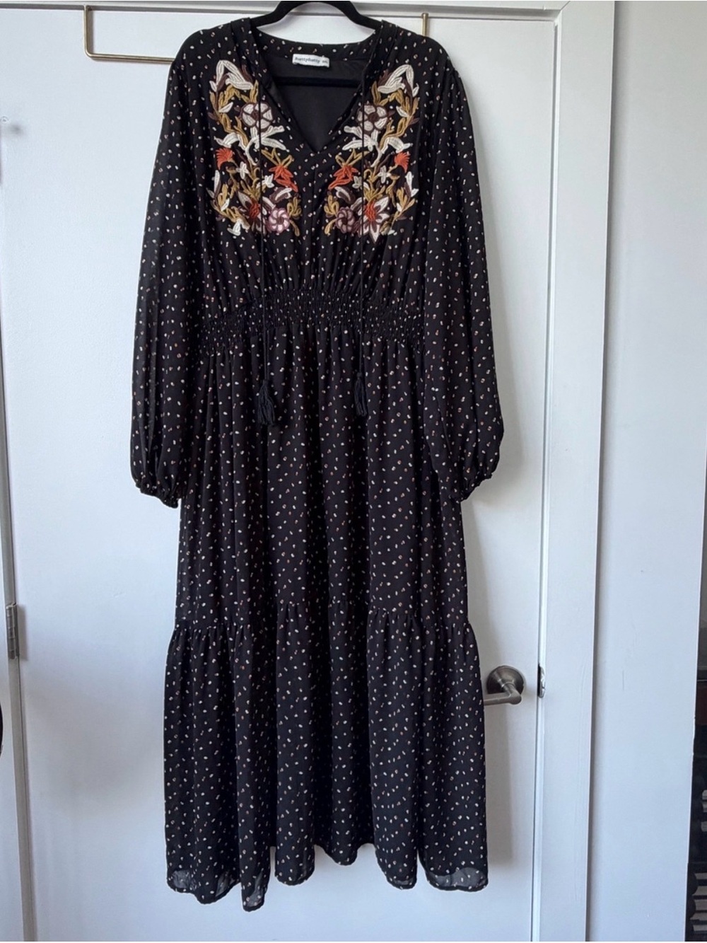 Embroidered Black Maxi Dress with Smocked Waist